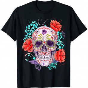 Vintage Purple Floral Butterfly White Skull Day Of The Dead T-Shirt