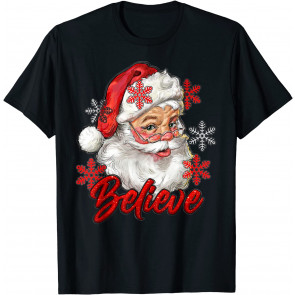 Vintage Snow And Santa Claus Merry Christmas Believe Christ T-Shirt