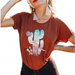 Western Cactus Steer Skull Floral T-Shirt