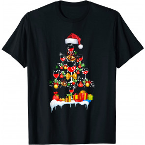 Wine Christmas Tree Santa Hat Drinking Team Family Christmas T-Shirt