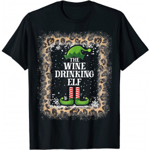 Wine Drinking Elf Leopard Christmas  T-Shirt