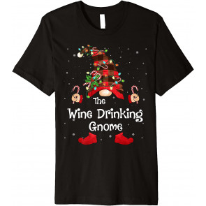 Wine Drinking Gnome Buffalo Plaid Christmas Tree Light T-Shirt
