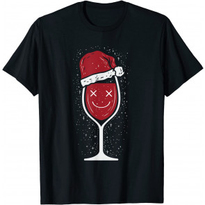 Wine Glass Drinking Face Santa Hat T-Shirt