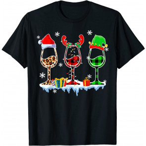 Wine Glass Leopard Buffalo Plaid Santa Hat Merry Christmas T-Shirt