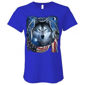 Wolf Dream Flag - USA Patriotic Wolves Indian - Ladies Cotton T-Shirt