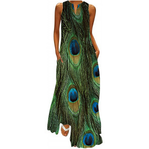 Women'sNotchVNeckSleevelessMaxiDresswithPocketSunflowerPeacockFeatherBlackCatDandelionSundressGowns T-Shirt