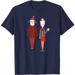 Xmas Hipster Cute Santa & Mrs. Claus Mittens Boots Red Gray T-Shirt