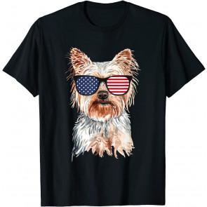 Yorkie Dog With American Flag Sunglasses Patriotic T-Shirt